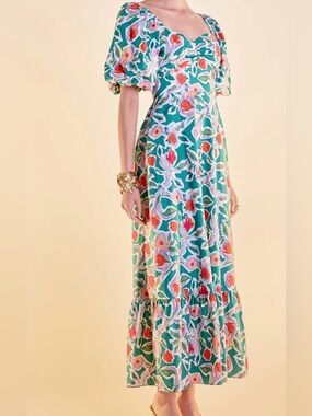 English Factory Green Floral Maxi Dress with Puff Sleeves